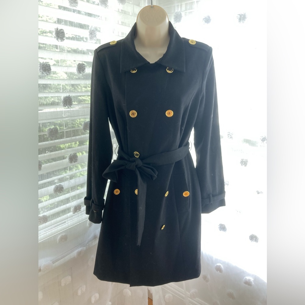 calvin klein black trench coat/dress with gold buttons size 10